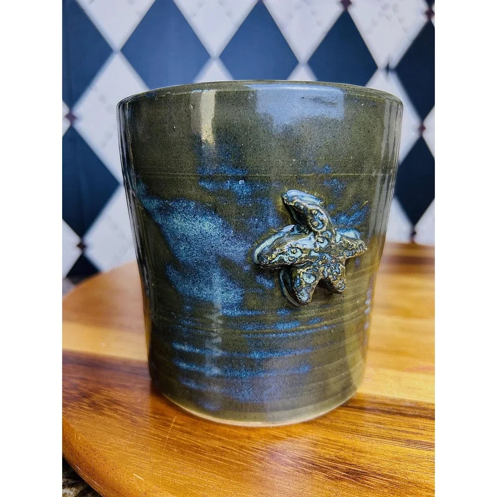 Signed Coastal Studio Pottery Green Blue Glazed Vase‎ Starfish Planter Ceramic
